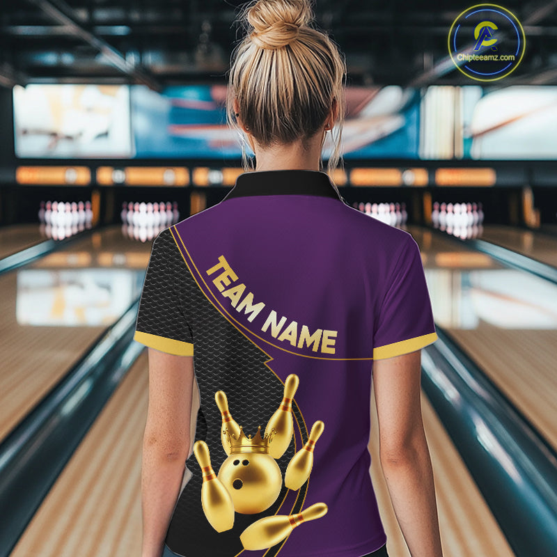 Purple and Gold Bowling shirts for Women Custom Team Bowling Polo, 1/4 zip Shirt bowlers Outfit NQS10987