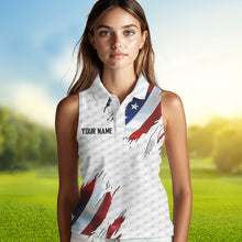 Load image into Gallery viewer, Red, white and blue American Flag Womens sleeveless polo shirt custom patriotic ladies golf tops NQS9318