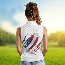 Load image into Gallery viewer, Red, white and blue American Flag Womens sleeveless polo shirt custom patriotic ladies golf tops NQS9318