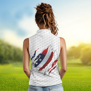 Red, white and blue American Flag Womens sleeveless polo shirt custom patriotic ladies golf tops NQS9318