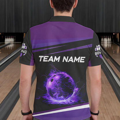Black and Purple Lighting Flame Mens Bowling Polo, Quarter Zip Shirt Custom Team bowling jerseys NQS9320