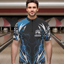 Load image into Gallery viewer, Black and Blue Lighting thunder camo Mens Bowling Polo, Quarter Zip Shirt Custom Team bowling jerseys NQS9321