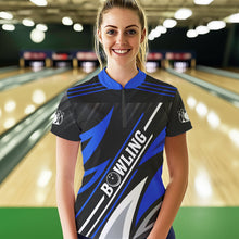 Load image into Gallery viewer, Black and Blue Bowling Polo, Quarter Zip Shirt for Women Custom Team bowling jerseys, Gift for bowlers NQS9322