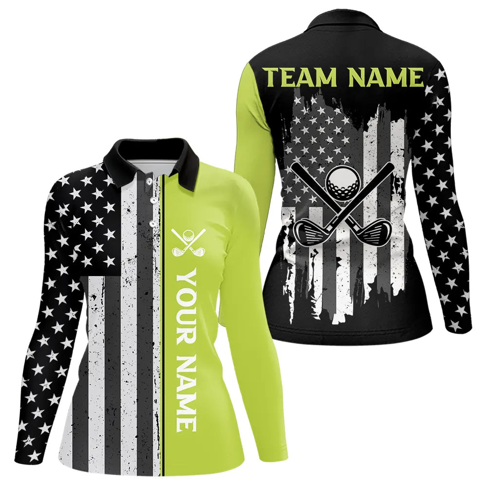 Black White Retro American Flag Golf Polo Shirt for Women Custom Patriotic Golf Team Shirt | Green NQS9637