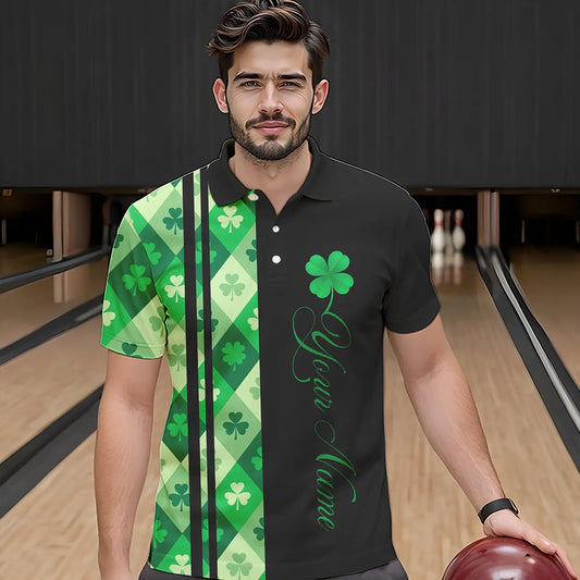 Black and Green Argyle Clover pattern Men Bowling Shirts Custom St patrick Day Bowling Team Jersey NQS9639