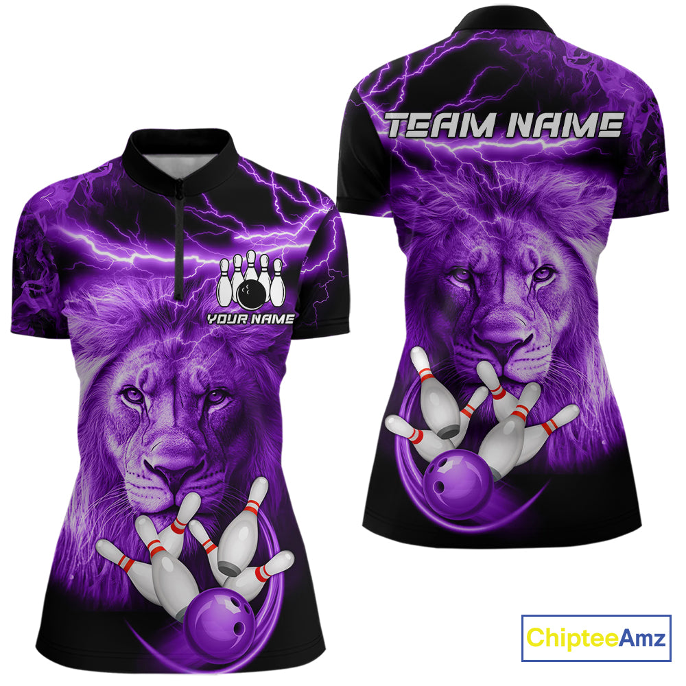 Personalized Purple Lightning Thunder Storm Lion Bowling Shirts For Women Custom Bowling Team Jerseys NQS9839