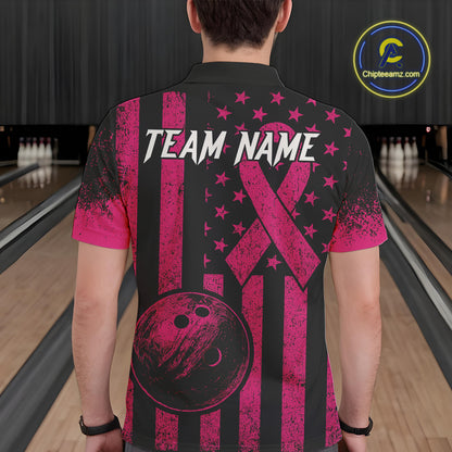 Black and Pink ribbon American Flag Bowling Shirts For Men Custom Breast Cancer team bowling shirts NQS9843