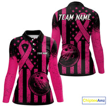 Load image into Gallery viewer, Black and Pink ribbon American Flag Bowling Shirts For Women Custom Breast Cancer team bowling shirts NQS9843