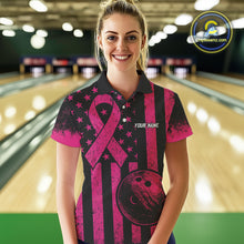 Load image into Gallery viewer, Black and Pink ribbon American Flag Bowling Shirts For Women Custom Breast Cancer team bowling shirts NQS9843