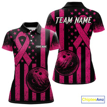 Load image into Gallery viewer, Black and Pink ribbon American Flag Bowling Shirts For Women Custom Breast Cancer team bowling shirts NQS9843