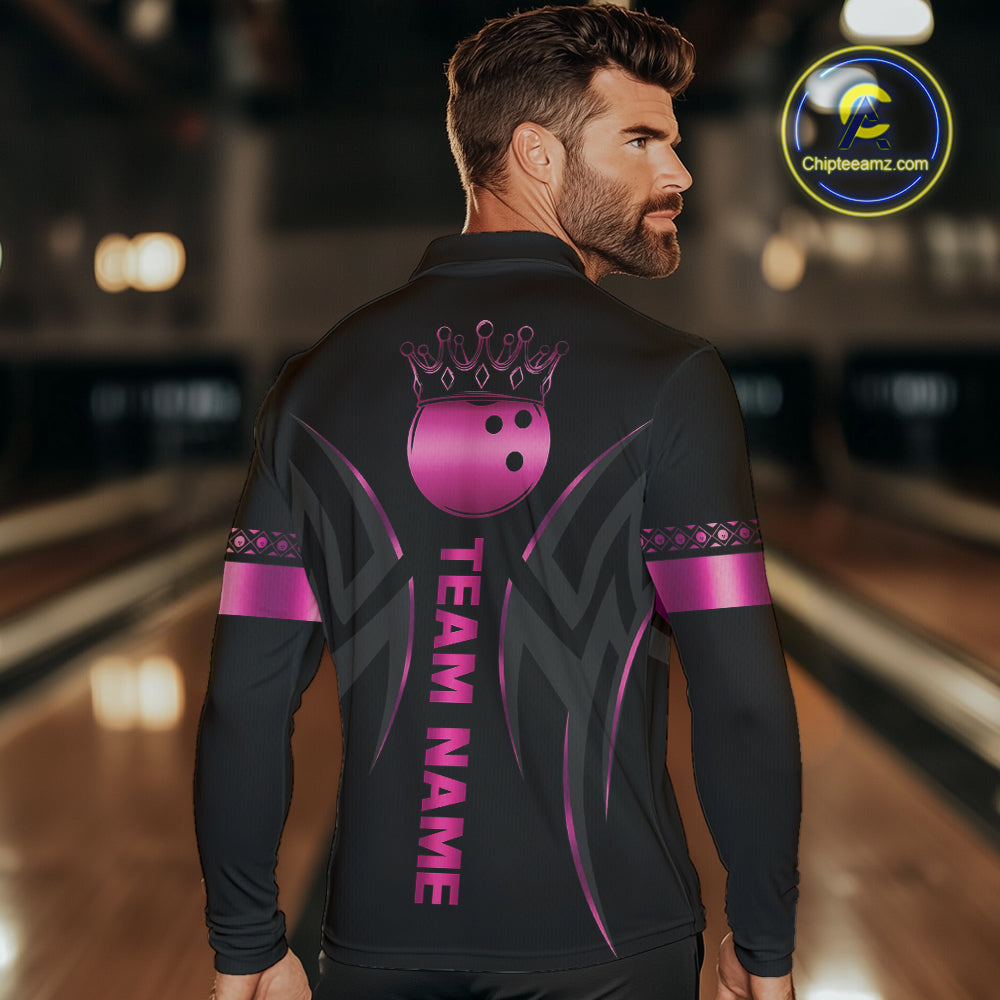 Black and Pink crown Bowling ball Polo, Quarter Zip Shirts for Men Custom Bowling Team jerseys NQS10074