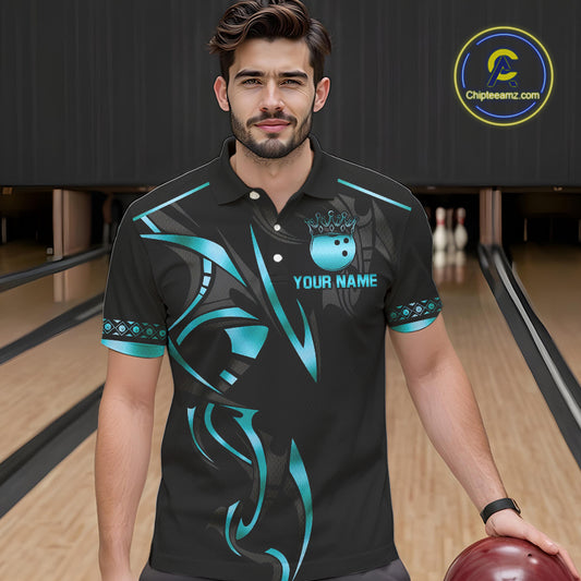 Black and Cyan Blue crown Bowling ball Polo, Quarter Zip Shirts for Men Custom Bowling Team jerseys NQS10075