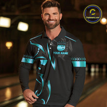 Load image into Gallery viewer, Black and Cyan Blue crown Bowling ball Polo, Quarter Zip Shirts for Men Custom Bowling Team jerseys NQS10075