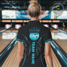 Load image into Gallery viewer, Black and Cyan Blue crown Bowling ball Polo, Quarter Zip Shirts for Women Custom Bowling Team jerseys NQS10075