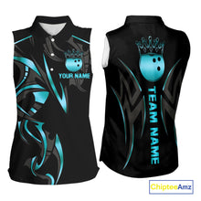 Load image into Gallery viewer, Black and Cyan Blue crown Bowling sleeveless polo Shirt Custom Bowling Team jerseys NQS10075