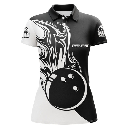 Black and white Bowling ball fire Women polo shirts custom ladies Bowling Team Jerseys NQS6087