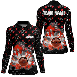 Black and Red Bowling stars pattern custom Women Bowling Polo, Quarter Zip Shirt, team bowling jerseys NQS8193