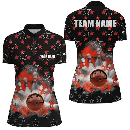 Black and Red Bowling stars pattern custom Women Bowling Polo, Quarter Zip Shirt, team bowling jerseys NQS8193