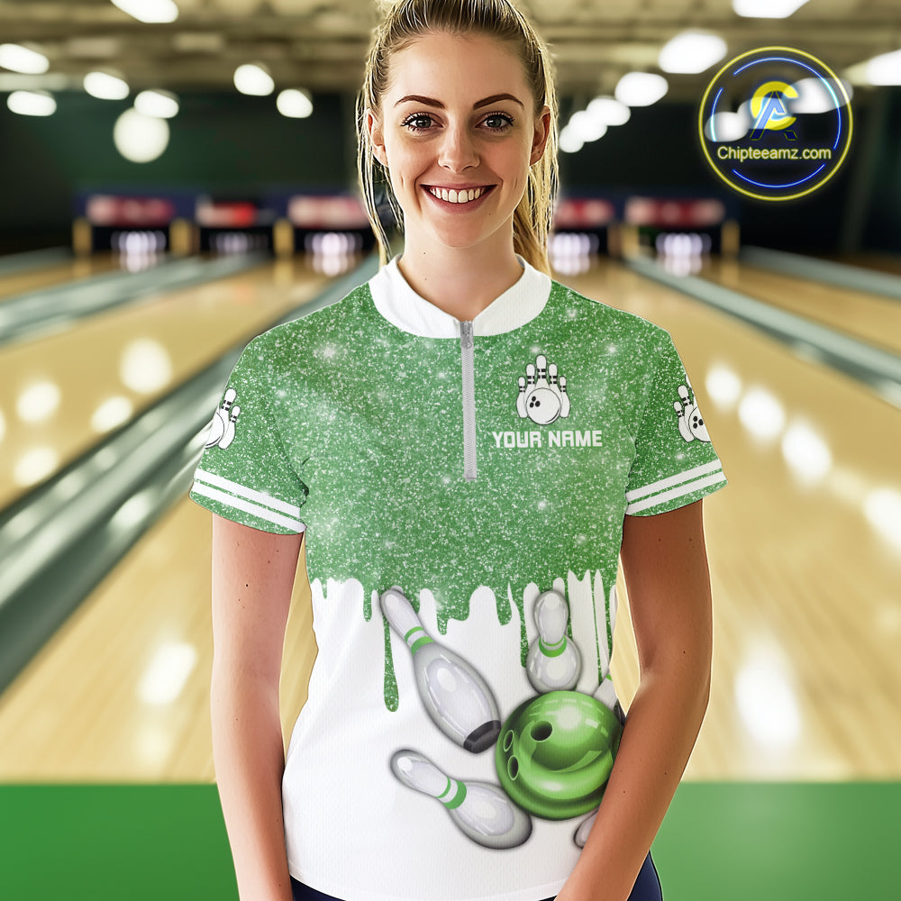 Green glitter Bowling Shirts For Women Custom team bowling jerseys, Personalized bowling uniform NQS10814