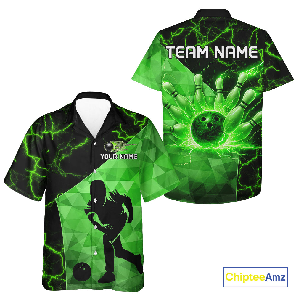 Green Thunder Lightning Bowling Hawaiian Shirt Custom Team Bowling Outfit NQS10821