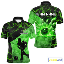 Load image into Gallery viewer, Green Thunder Lightning Bowling Polo, Quarter Zip Shirts For Men Custom Team Bowling Outfit NQS10821