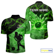 Load image into Gallery viewer, Green Thunder Lightning Bowling Polo, Quarter Zip Shirts For Men Custom Team Bowling Outfit NQS10821