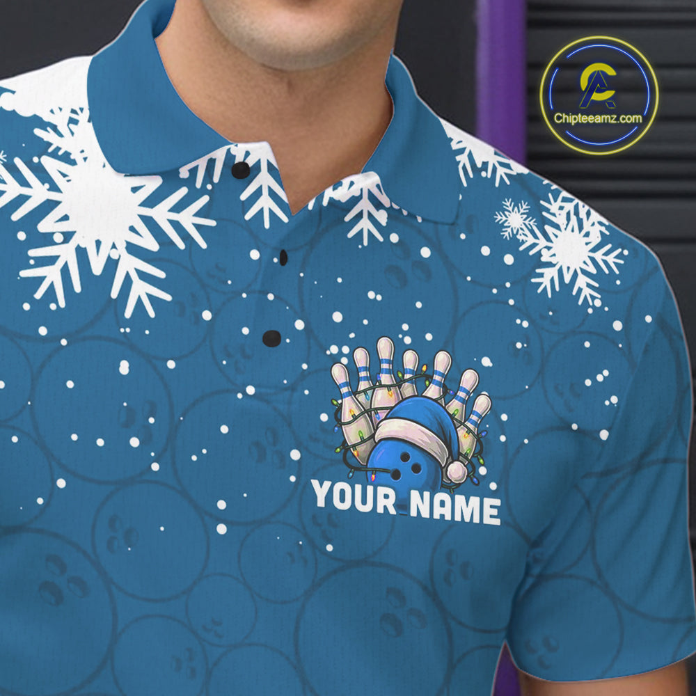 Blue Christmas Bowling snowflake Men's Bowling Polo, Quarter Zip shirts Custom Xmas Bowling Outfits NQS10995
