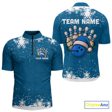 Load image into Gallery viewer, Blue Christmas Bowling snowflake Men&#39;s Bowling Polo, Quarter Zip shirts Custom Xmas Bowling Outfits NQS10995