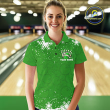 Load image into Gallery viewer, Green Christmas Bowling snowflake Women's Bowling Polo, Quarter Zip shirt Custom Xmas Bowling Outfits NQS10996