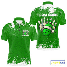 Load image into Gallery viewer, Green Christmas Bowling snowflake Men&#39;s Bowling Polo, Quarter Zip shirts Custom Xmas Bowling Outfits NQS10996