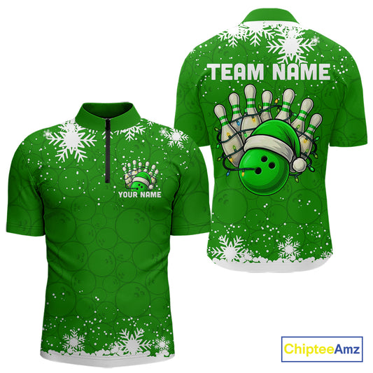 Green Christmas Bowling snowflake Men's Bowling Polo, Quarter Zip shirts Custom Xmas Bowling Outfits NQS10996