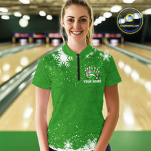 Load image into Gallery viewer, Green Christmas Bowling snowflake Women's Bowling Polo, Quarter Zip shirt Custom Xmas Bowling Outfits NQS10996