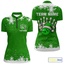 Load image into Gallery viewer, Green Christmas Bowling snowflake Women's Bowling Polo, Quarter Zip shirt Custom Xmas Bowling Outfits NQS10996