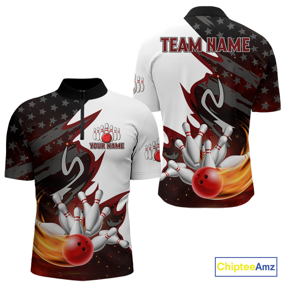 Black and White American flag Bowling jersey Custom Patriotic Bowling Polo, 1/4 Zip Shirts For Men NQS10999