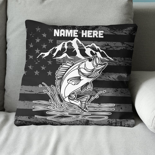Personalized black American flag bass fishing custom name Canvas, Linen Throw Pillow NQS7027