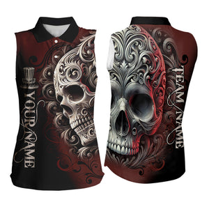 Red and Black Skull Scroll Womens sleeveless polo shirt custom name and team name disc golf jerseys NQS9330