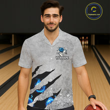 Load image into Gallery viewer, Blue flame bowling ball jerseys Gray grunge custom bowling hawaiian shirts, bowling league shirts NQS11396