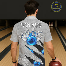 Load image into Gallery viewer, Blue flame bowling ball jerseys Gray grunge custom bowling hawaiian shirts, bowling league shirts NQS11396