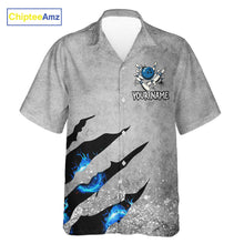 Load image into Gallery viewer, Blue flame bowling ball jerseys Gray grunge custom bowling hawaiian shirts, bowling league shirts NQS11396