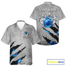 Load image into Gallery viewer, Blue flame bowling ball jerseys Gray grunge custom bowling hawaiian shirts, bowling league shirts NQS11396