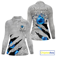 Load image into Gallery viewer, Blue flame bowling ball jerseys Gray grunge custom bowling shirts women, bowling league shirts NQS11396
