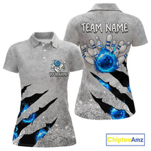 Load image into Gallery viewer, Blue flame bowling ball jerseys Gray grunge custom bowling shirts women, bowling league shirts NQS11396