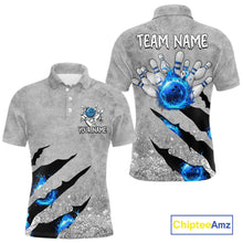 Load image into Gallery viewer, Blue flame bowling ball jerseys Gray grunge custom bowling shirts for men, bowling league shirts NQS11396