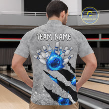 Load image into Gallery viewer, Blue flame bowling ball jerseys Gray grunge custom bowling shirts for men, bowling league shirts NQS11396