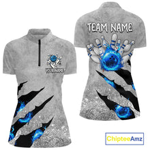Load image into Gallery viewer, Blue flame bowling ball jerseys Gray grunge custom bowling shirts women, bowling league shirts NQS11396