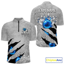 Load image into Gallery viewer, Blue flame bowling ball jerseys Gray grunge custom bowling shirts for men, bowling league shirts NQS11396