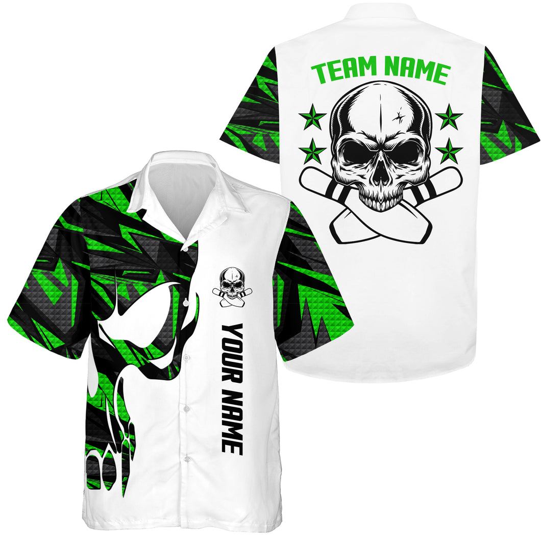 Green and white Bowling Hawaiian Shirt custom name and team name Skull Bowling, team bowling shirts NQS4699
