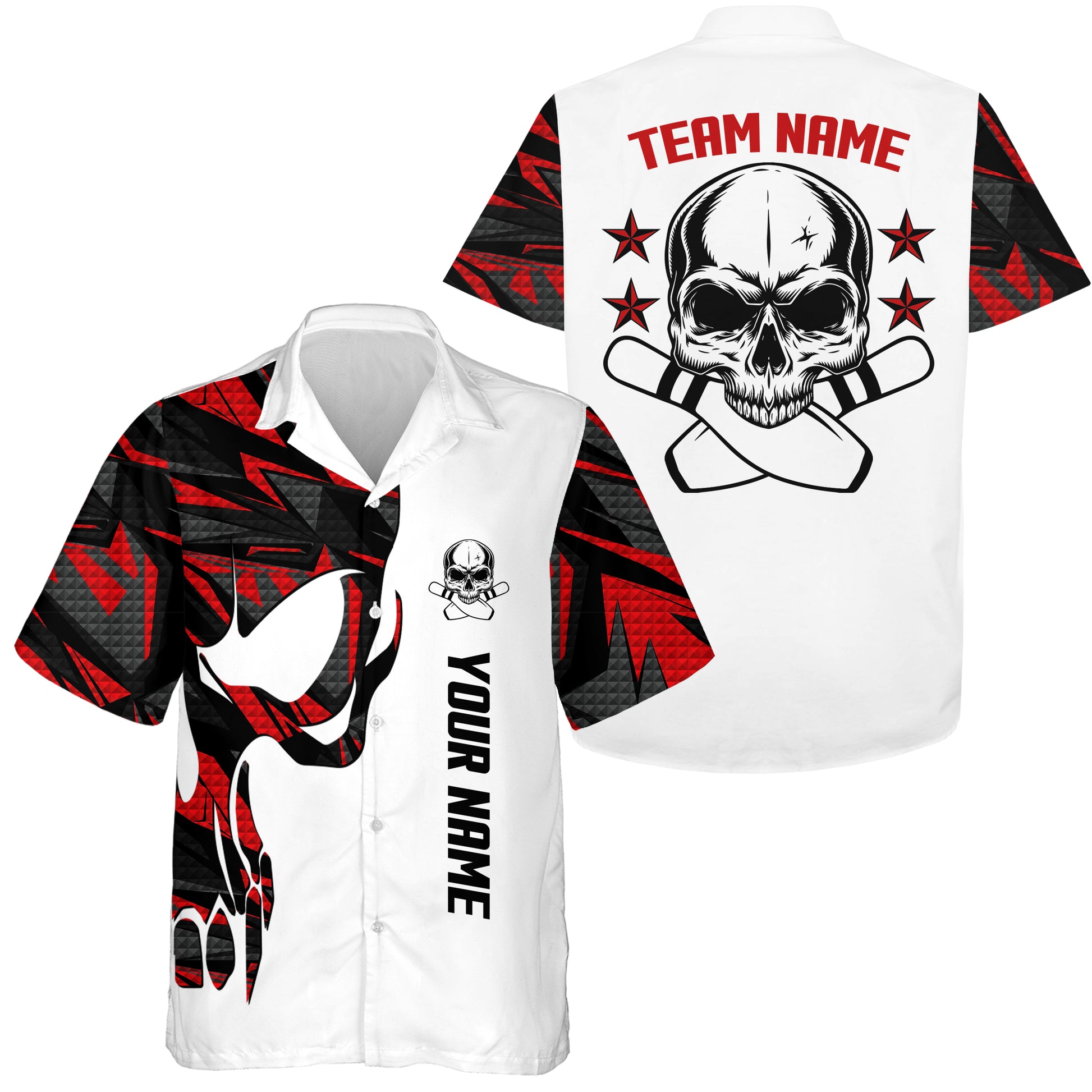 Custom Red white Hawaiian bowling shirt for bowling – personalized team jersey front view