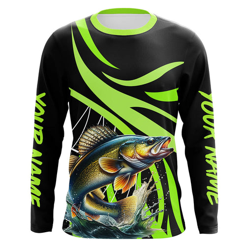 Personalized Walleye Long Sleeve Fishing Shirts, Walleye Tournament Fishing Jerseys | Green NQS7424