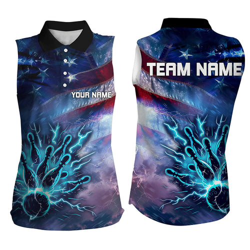 American flag blue lightning thunder Women Bowling sleeveless polo shirts Custom Team Bowling Jerseys NQS7686